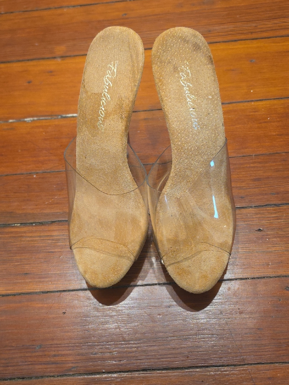 Clear Strap Tan Suede Slide Sandals - Unbranded